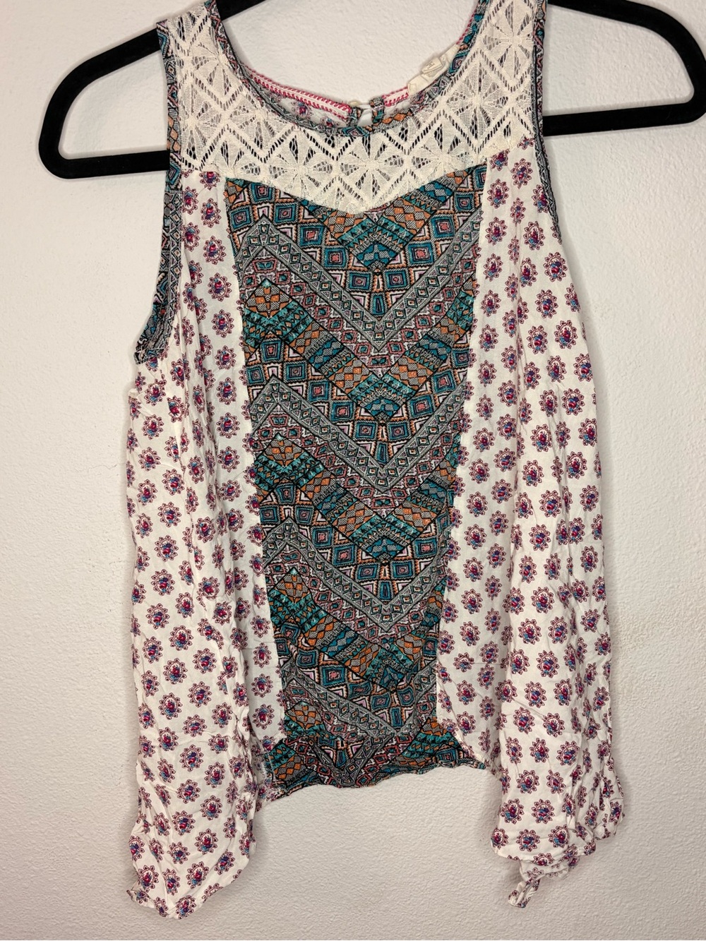 Hem & Thread White Floral Tank Top with Teal and Brown Center Panel-127
